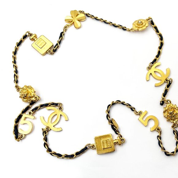 Chanel Rare Vintage Gold Plated CC Motif Perfume Camellia Leather Necklace - Picture 1 of 5